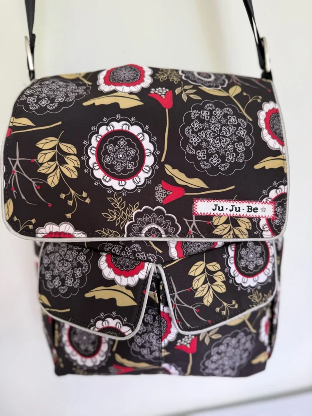 Ju-Ju-Be Messenger Diaper Bag Floral Brown/Red/Beige with Changing Pad